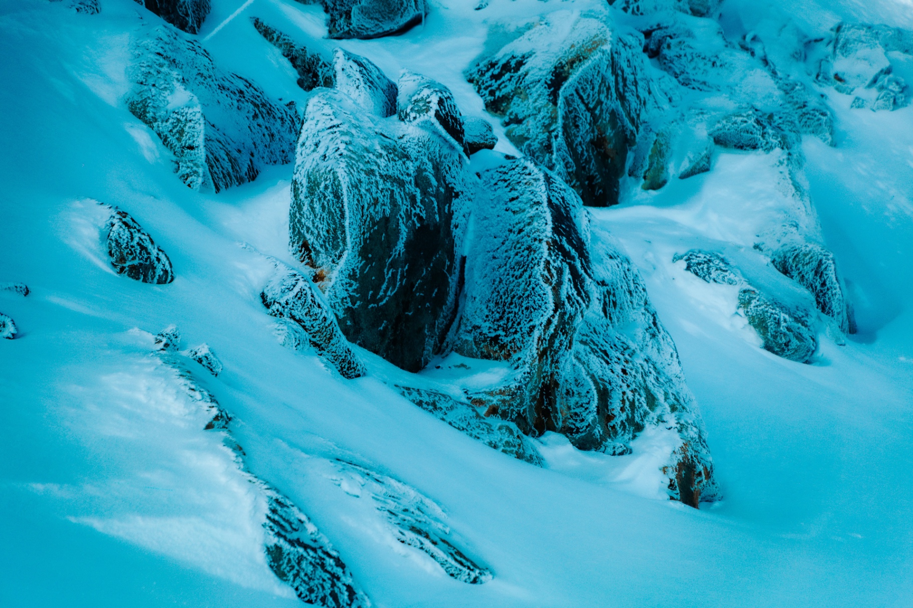 Frost-covered rocks in cold blue light